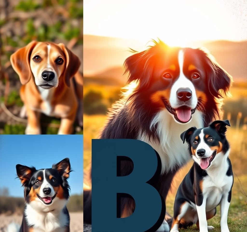 A collage of different dog breeds starting with B, such as a Beagle, Bernese Mountain Dog, and Border Collie