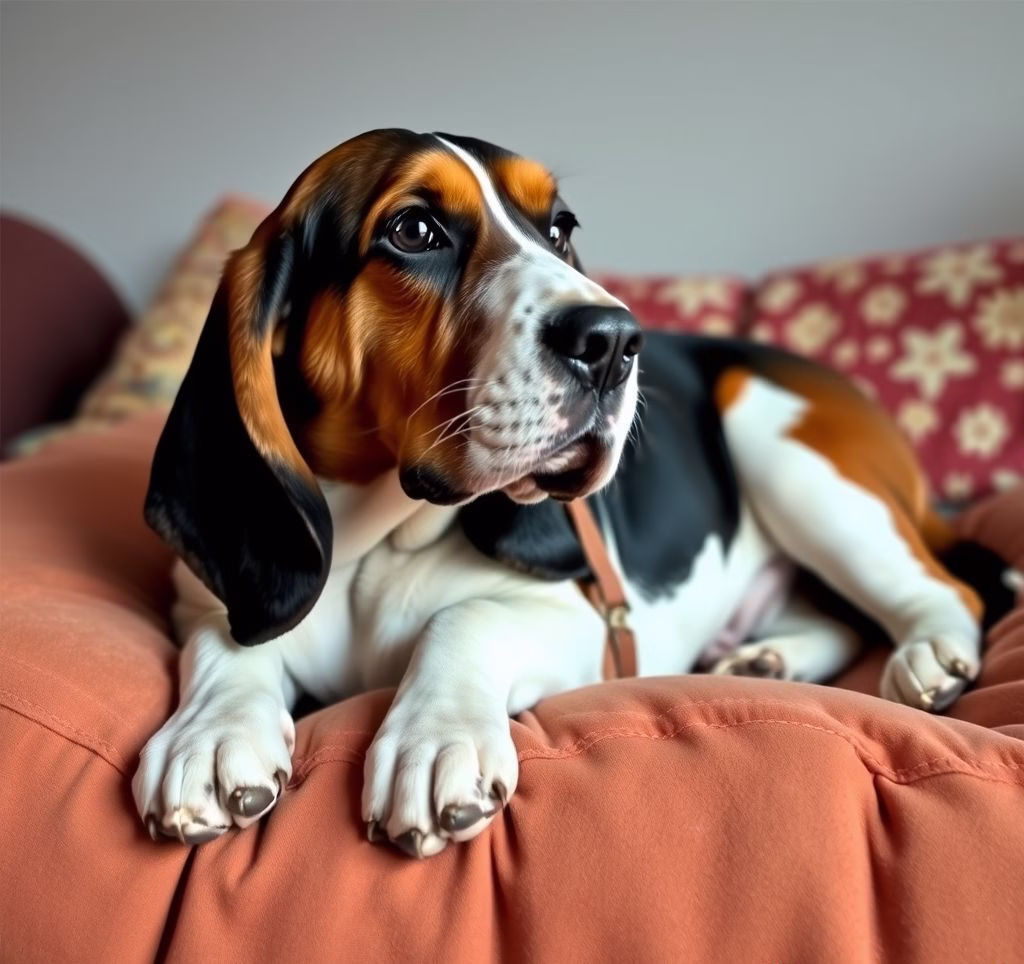 Ein Basset Hound liegt entspannt auf einem Kissen.