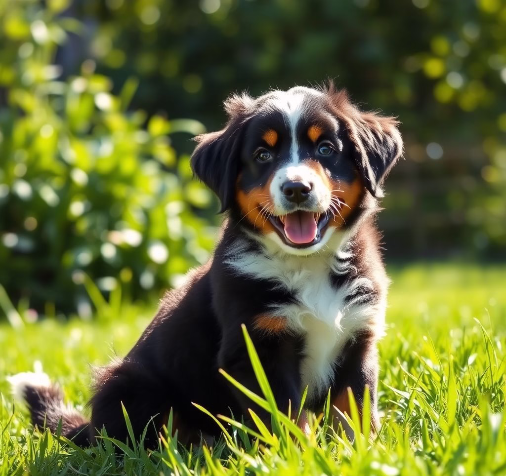 Ein Bernhardiner-Welpe sitzt verspielt im Gras
