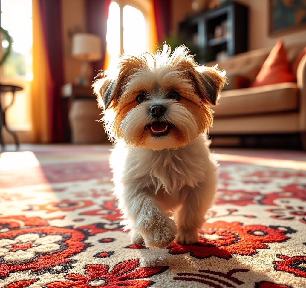 Ein kleiner, flauschiger Havaneser spielt glücklich auf einem Teppich.