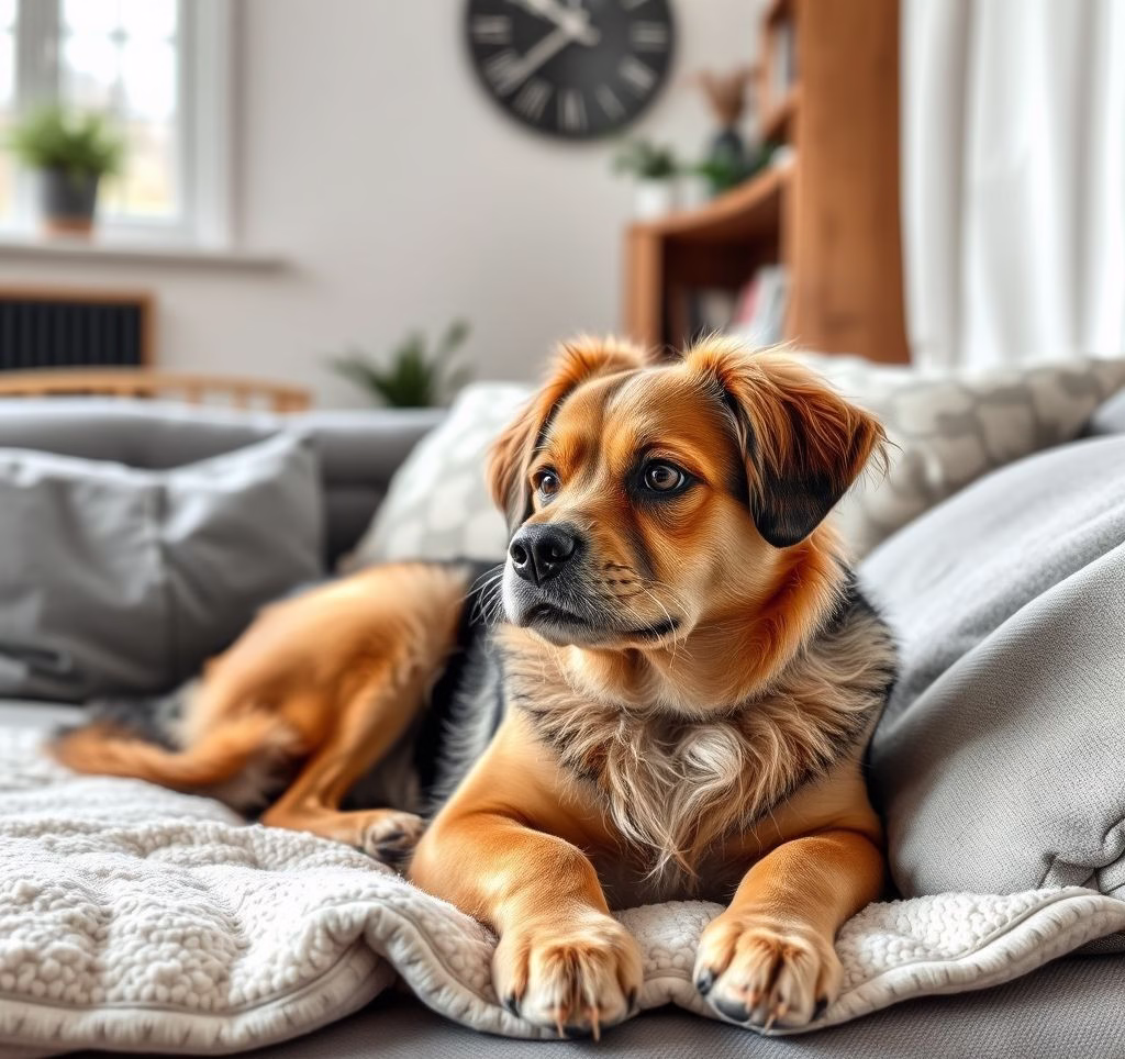 Ein kuschelndes Paar Deutsche Doggen im Wohnzimmer.