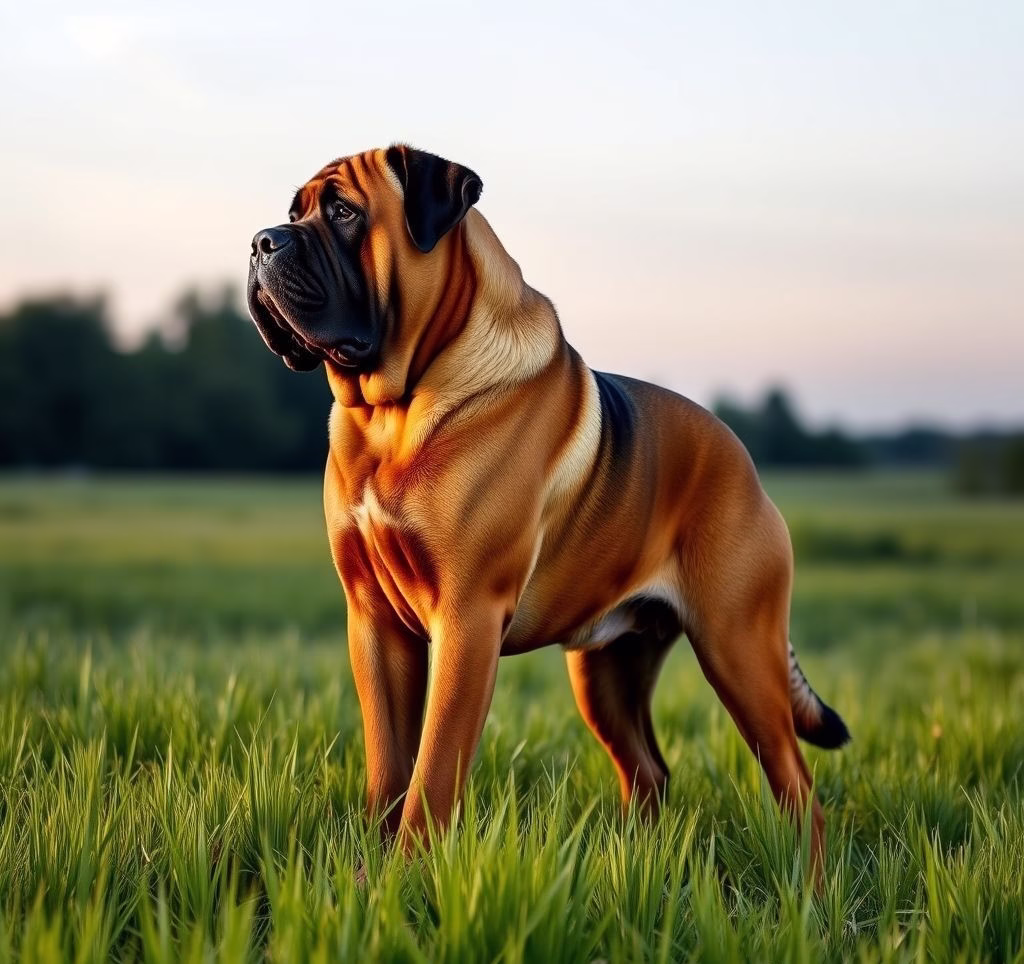 Eine majestätische Deutsche Dogge steht auf einer Wiese im Profil.