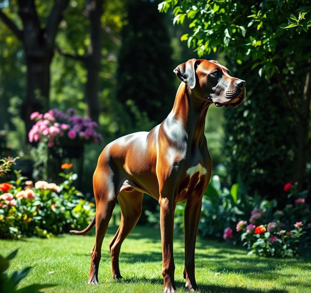 Eine majestätische Deutsche Dogge steht im Garten und blickt zur Seite.