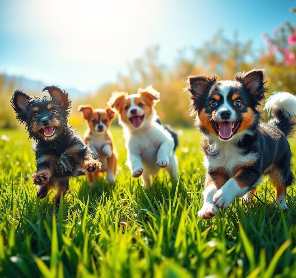 Mehrere kleine Hunderassen mit A, darunter Affenpinscher und ein Australian Shepherd Welpe, die freundlich zusammen spielen