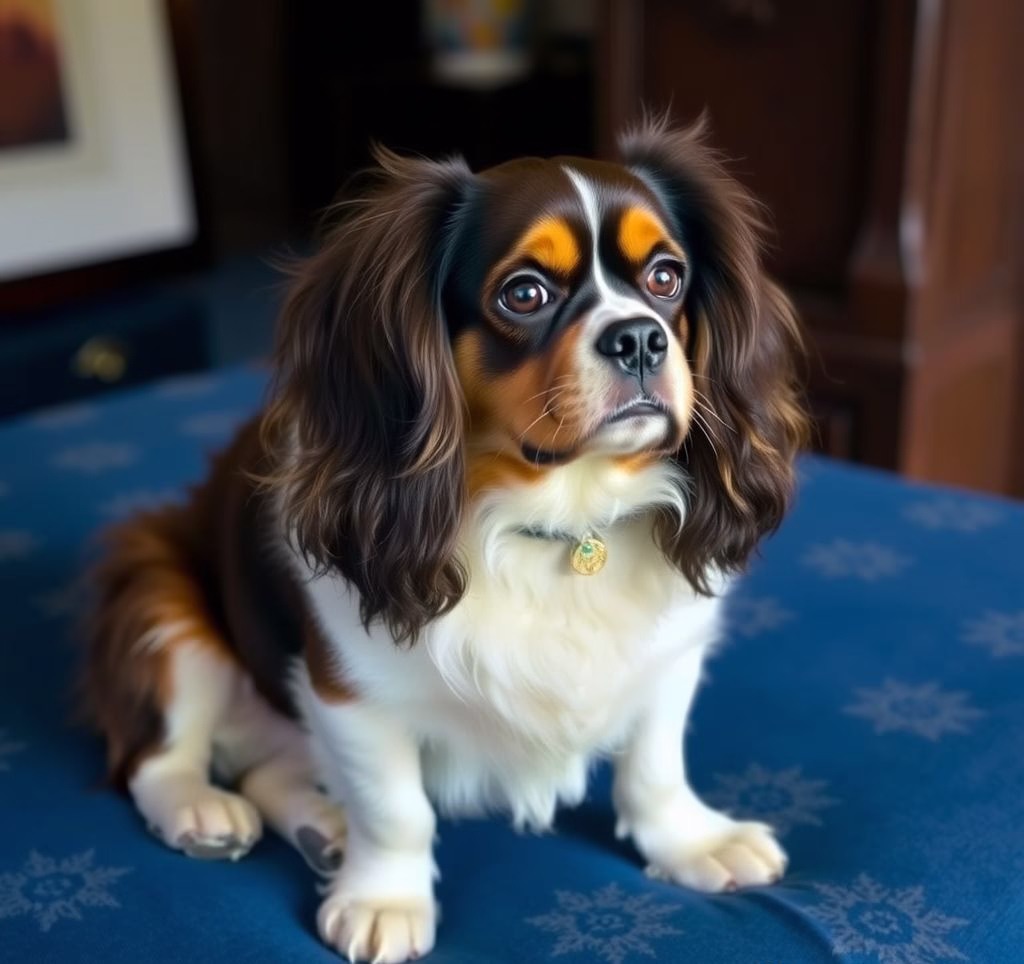 A beautiful Blenheim Cavalier King Charles Spaniel looking attentively
