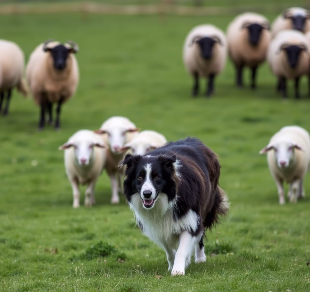 A Border Collie guiding a flock of sheep in a green field, showcasing its herding instinct.