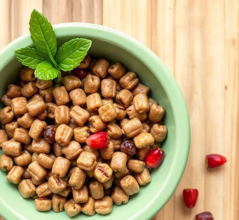 A bowl of GranataPet dog food with visible kibble and a few fresh pomegranate arils
