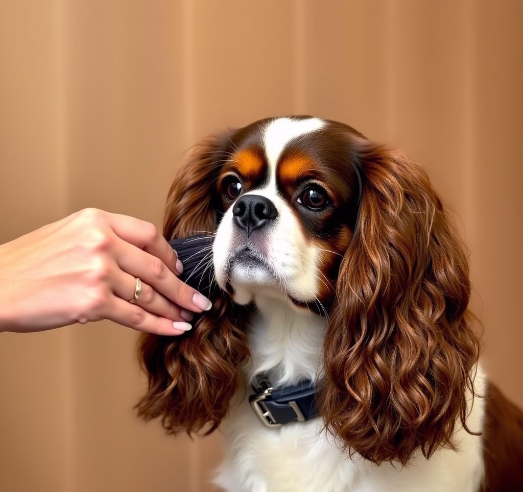 A Cavalier King Charles Spaniel getting brushed gently by its owner
