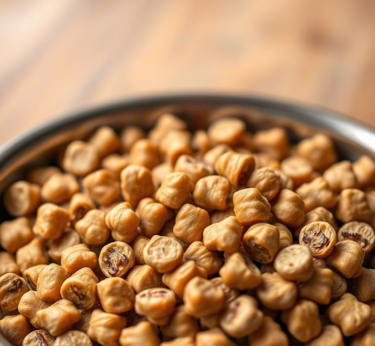A close-up of Alsa-Nature dry dog food kibble in a bowl, with a blurred background.