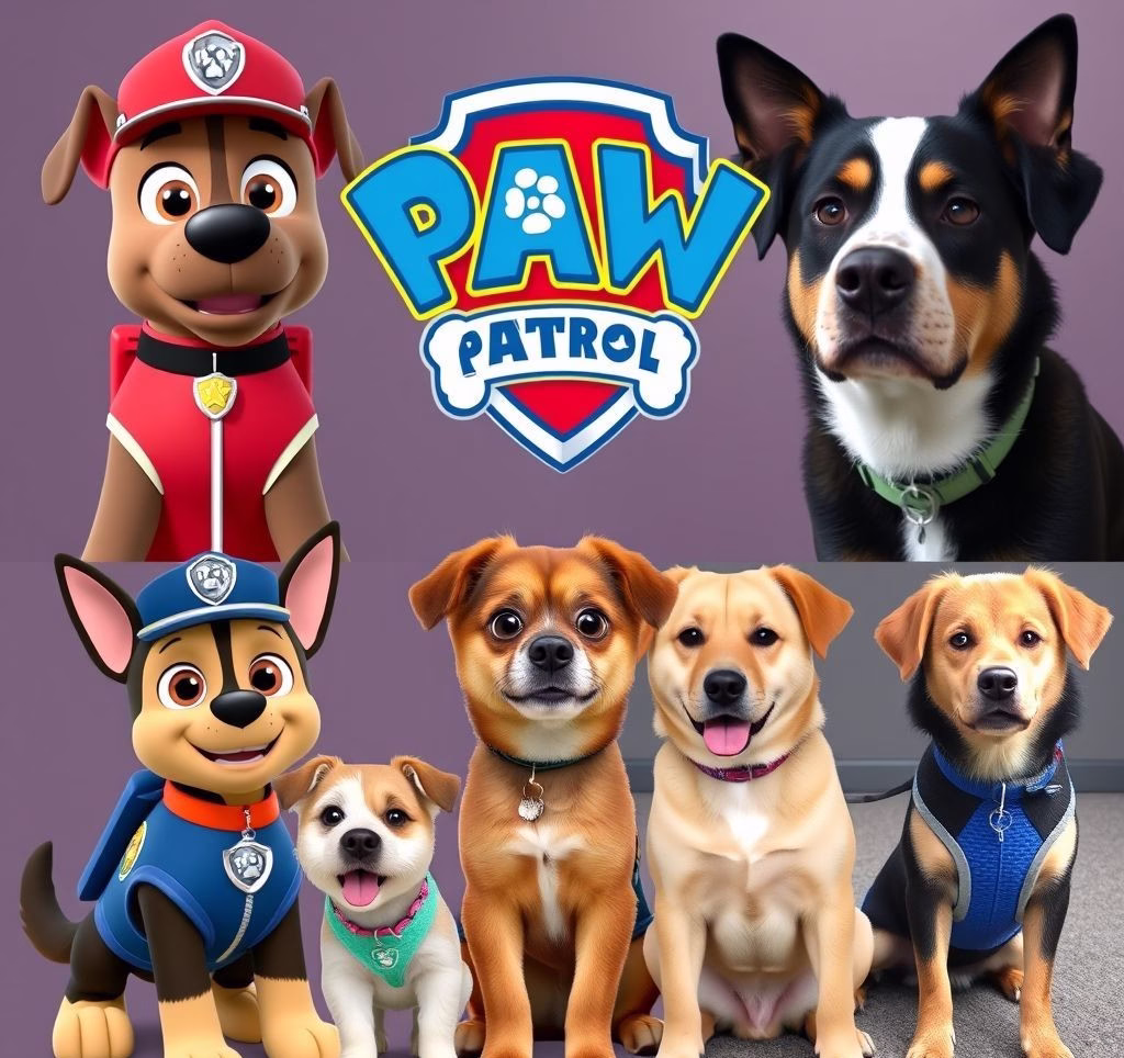 A collage of Paw Patrol characters next to their real-life dog breed counterparts.
