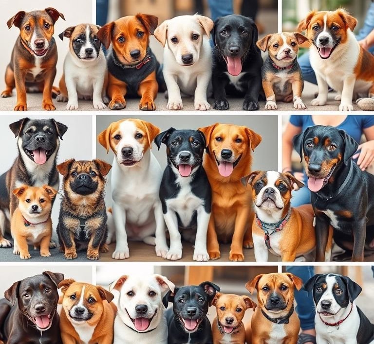 A collage of various dog breeds (small and large) interacting positively and safely with humans, symbolizing diversity and good temperament across breeds.