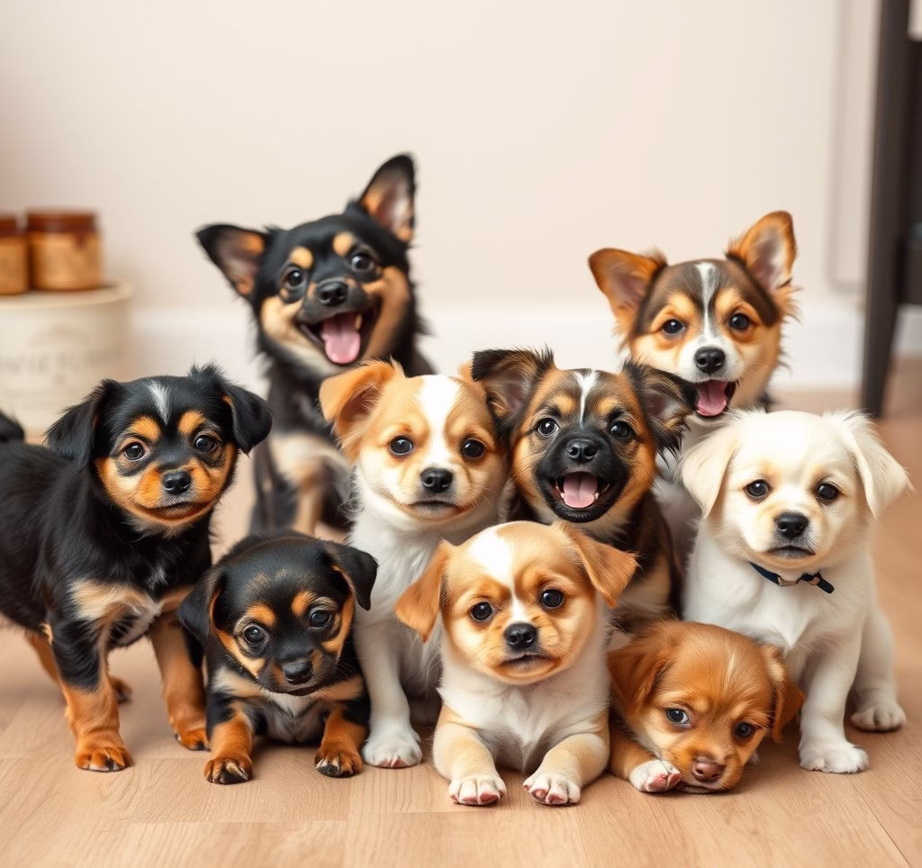 A collection of various small, cute dog breeds playing together
