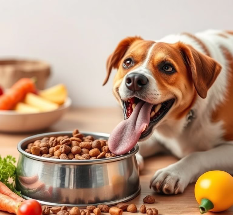 A dog happily eating from a bowl of bio dog food, with fresh ingredients visible