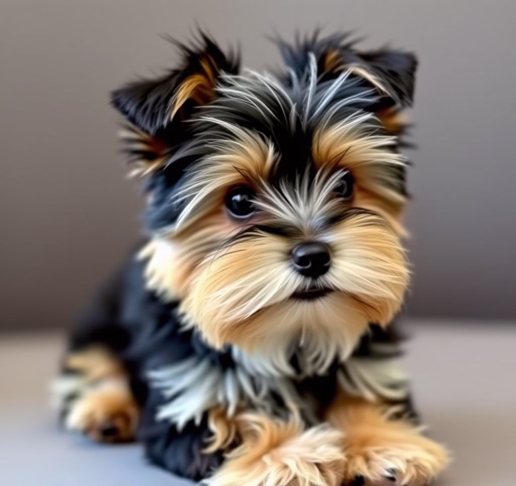 A fluffy Biewer Yorkshire Terrier with its distinctive black, white, and tan coat, sitting elegantly and looking at the camera.