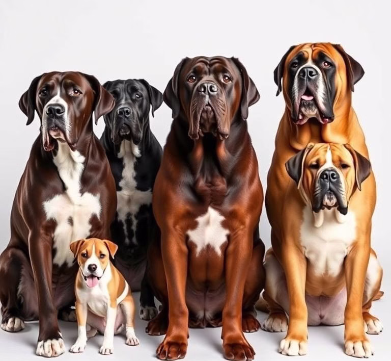 A group of various large dog breeds, including a Great Dane, Irish Wolfhound, and Saint Bernard, showcasing their size differences