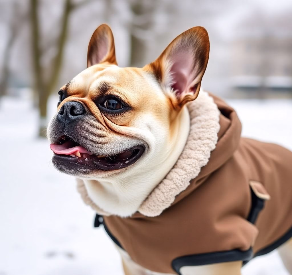 A happy French Bulldog wearing a small dog coat in winter