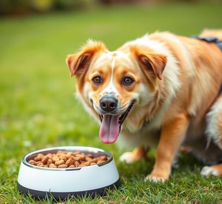 A happy, healthy dog eating kibble from a bowl, with a lush green lawn in the background.