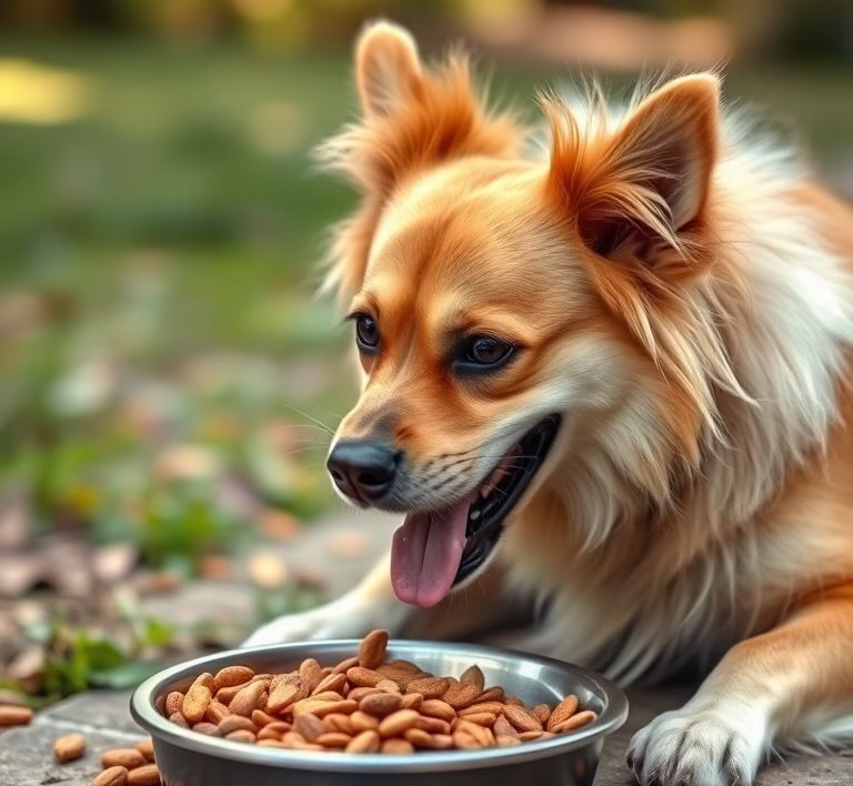 A happy, healthy-looking dog eating from a bowl of vegan kibble in a natural, outdoor setting
