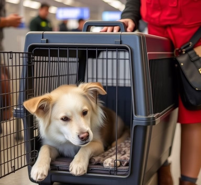 A person gently comforting their dog inside its travel crate at an airport check-in counter