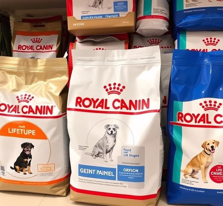 A selection of Royal Canin dog food bags labeled for different breeds and life stages.