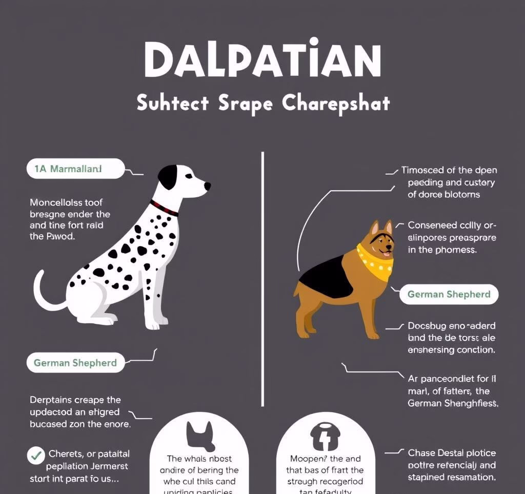 A stylized infographic showcasing the key characteristics of a Dalmatian (Marshall) and a German Shepherd (Chase).