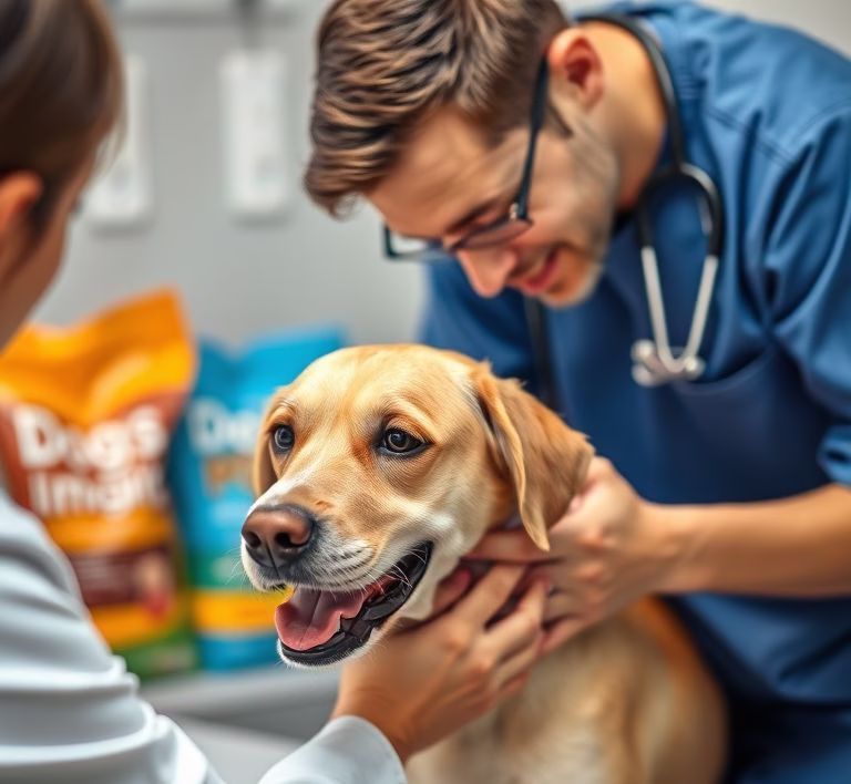 A veterinarian carefully examining a dog during a check-up, with dog food bags in the background, subtly indicating food choices