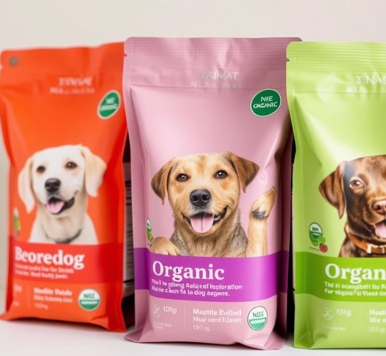 Close-up of different packages of organic dog food, showing bio seals