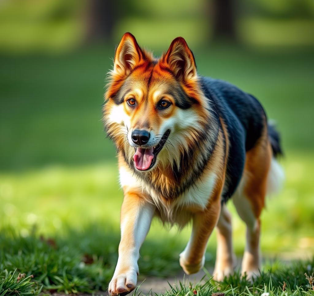 Ein Afghanischer Windhund mit wehendem, seidigem Fell, der elegant über eine Wiese läuft.