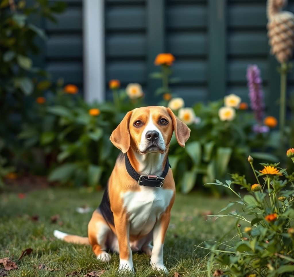 Ein Beagle mit wachen Augen sitzt in einem Garten.