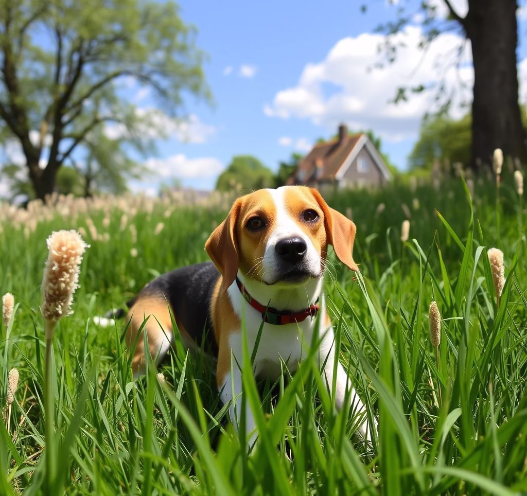 Ein Beagle schnüffelt neugierig im Gras
