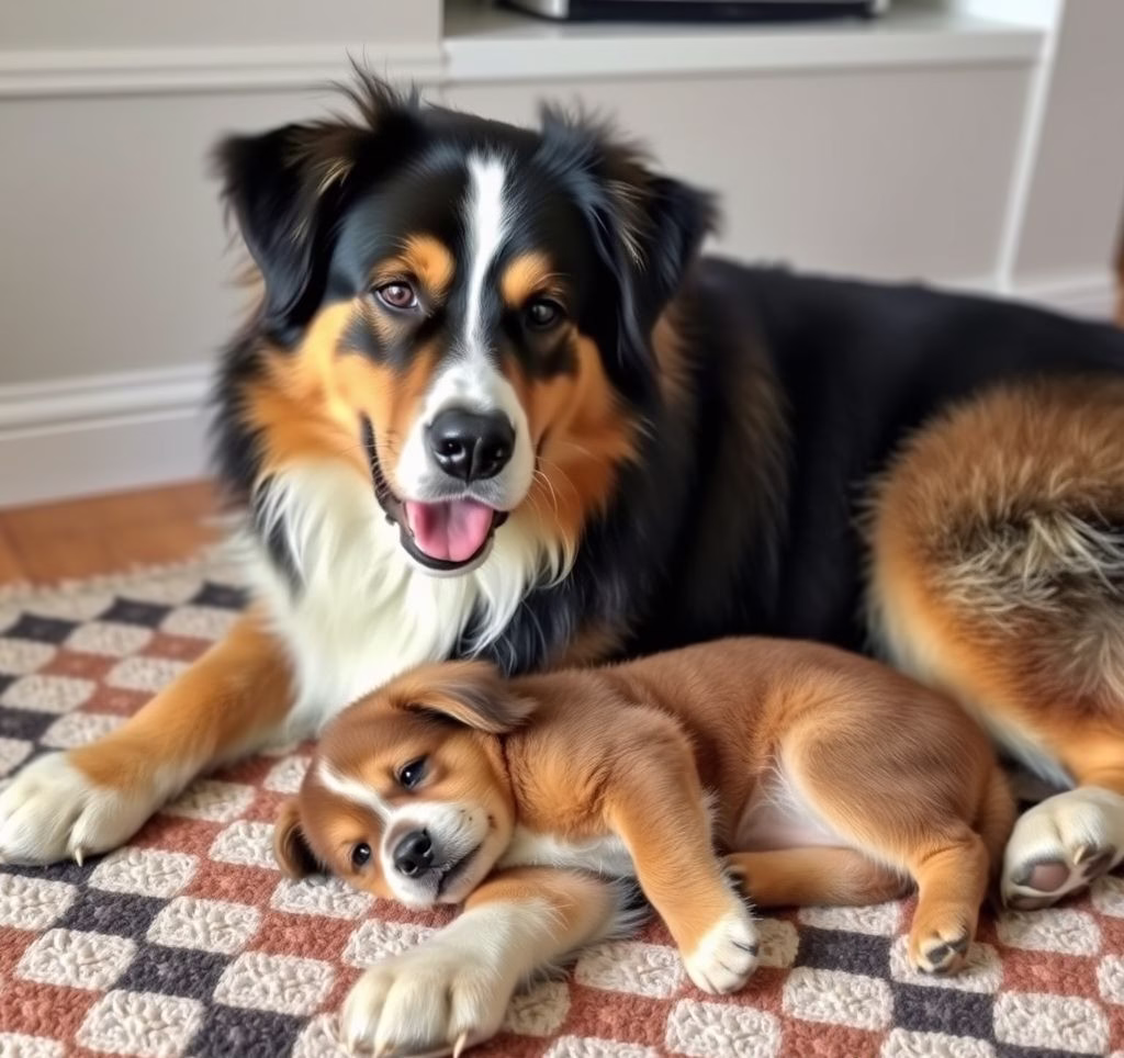 Ein Berner Sennenhund liegt entspannt neben einem Kleinkind auf dem Teppich.