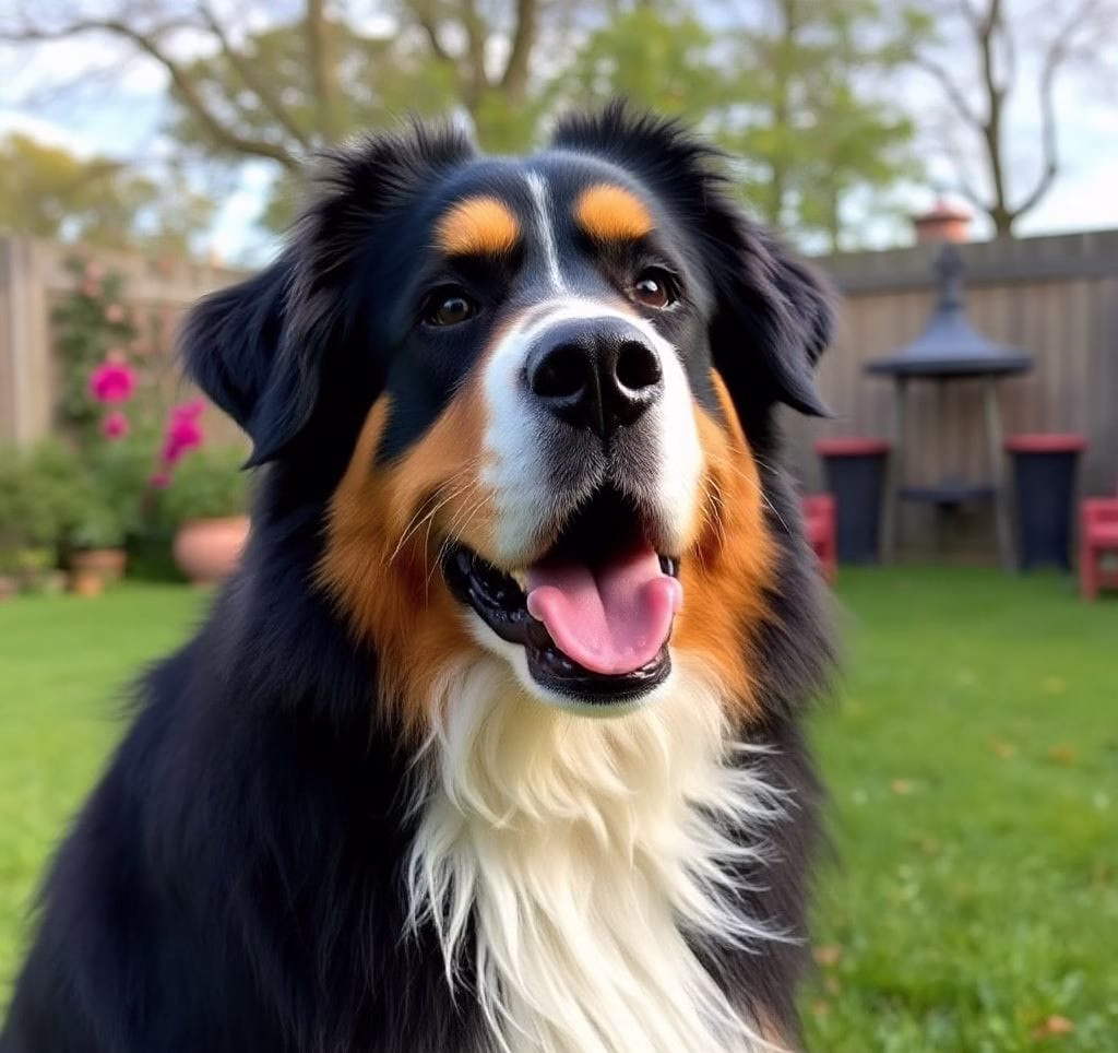 Ein Berner Sennenhund, spielend in einem Garten, sein langes, gepflegtes Fell ist deutlich zu sehen.
