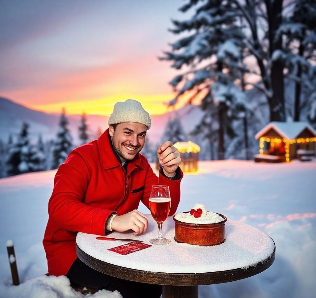 Ein Bernhardiner, der im Schnee spielt und glücklich aussieht