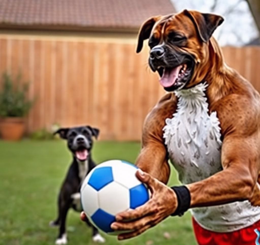 Ein Boxer spielt fröhlich mit einem Ball im Garten