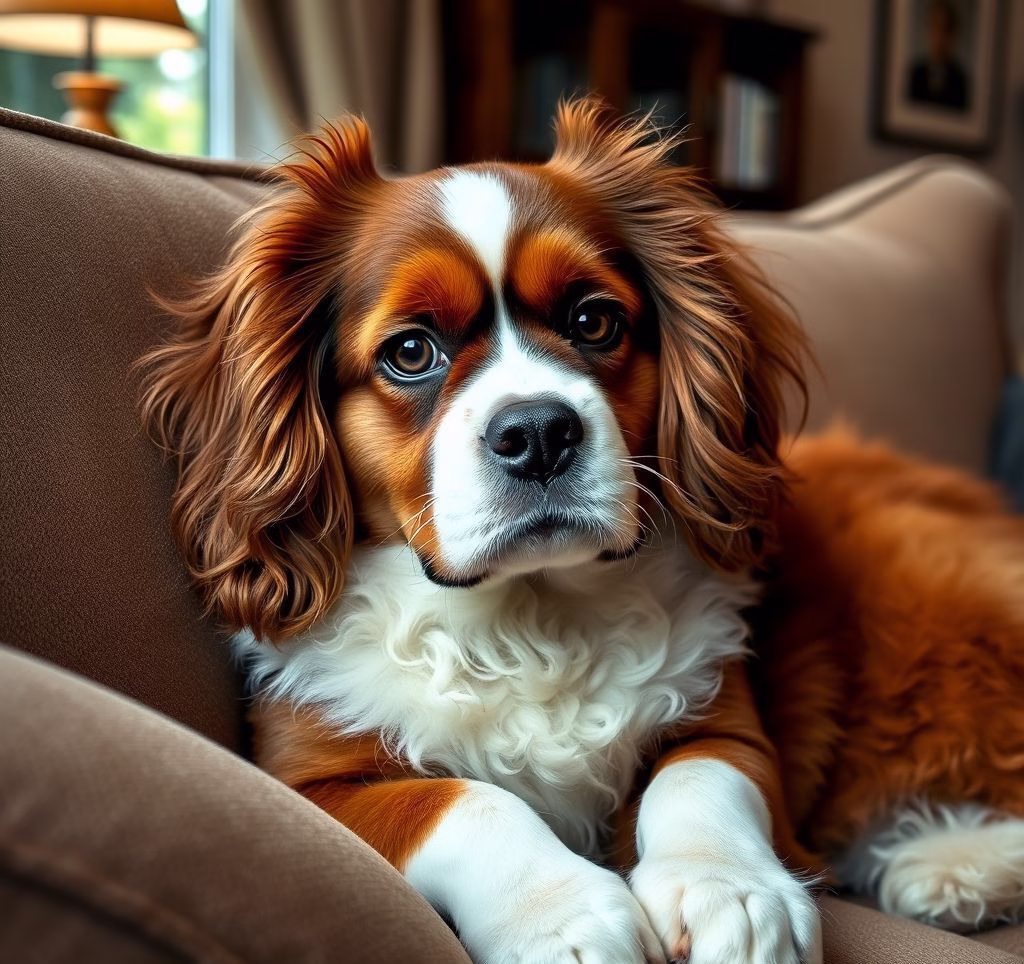 Ein Cavalier King Charles Spaniel liegt entspannt auf einem Sofa und schaut neugierig in die Kamera.