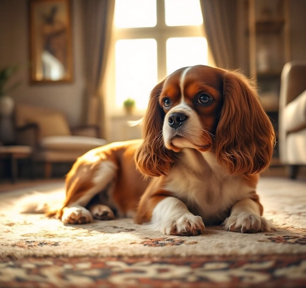 Ein Cavalier King Charles Spaniel liegt entspannt auf einem Teppich.