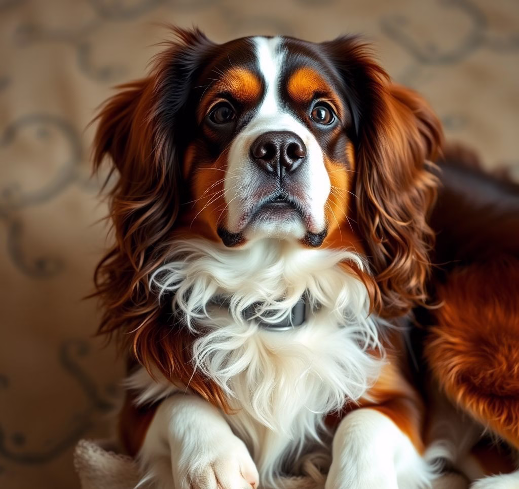 Ein Cavalier King Charles Spaniel mit glänzendem Fell liegt entspannt auf einer Decke.