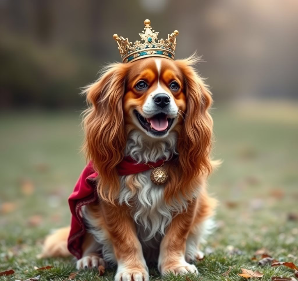 Ein Cavalier King Charles Spaniel mit glänzendem Fell spielt fröhlich auf einer Wiese.