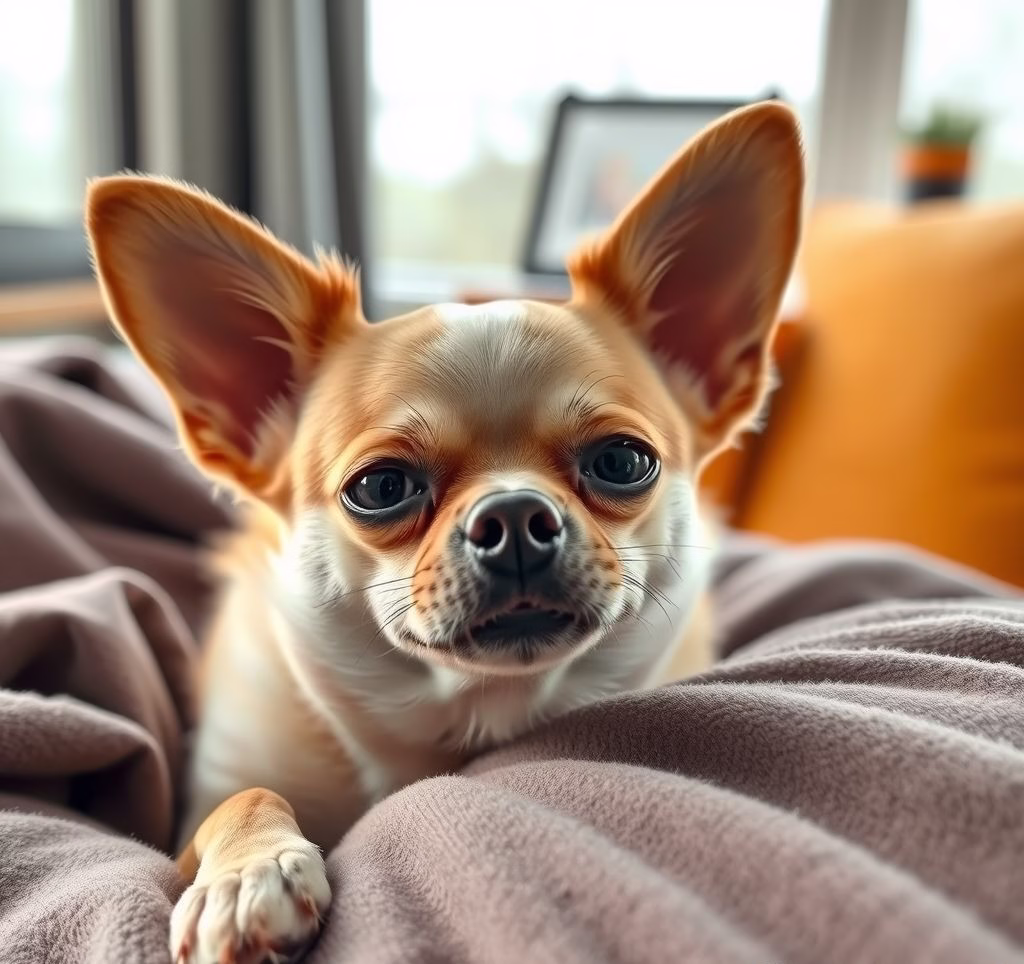 Ein Chihuahua liegt gemütlich auf einem Kissen und schaut neugierig in die Kamera.