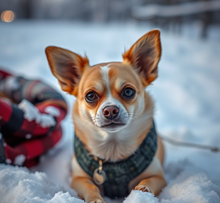 Ein Chihuahua mit einem Hundemantel im Winter.