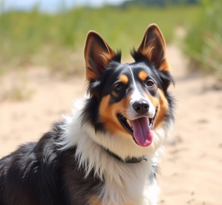 Ein energiegeladener Australian Cattle Dog läuft glücklich auf einer Weide.