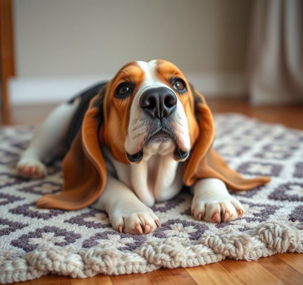 Ein entspannt auf einem Teppich liegender Basset Hound, der freundlich in die Kamera schaut.