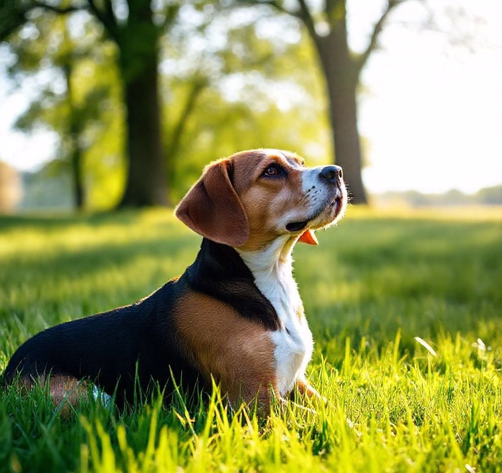 Ein erwachsener Beagle sitzt im Gras und schaut aufmerksam
