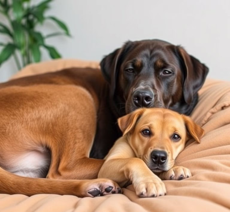 Ein erwachsener Labrador Retriever schläft friedlich auf einem Hundebett mit einer weichen Decke.
