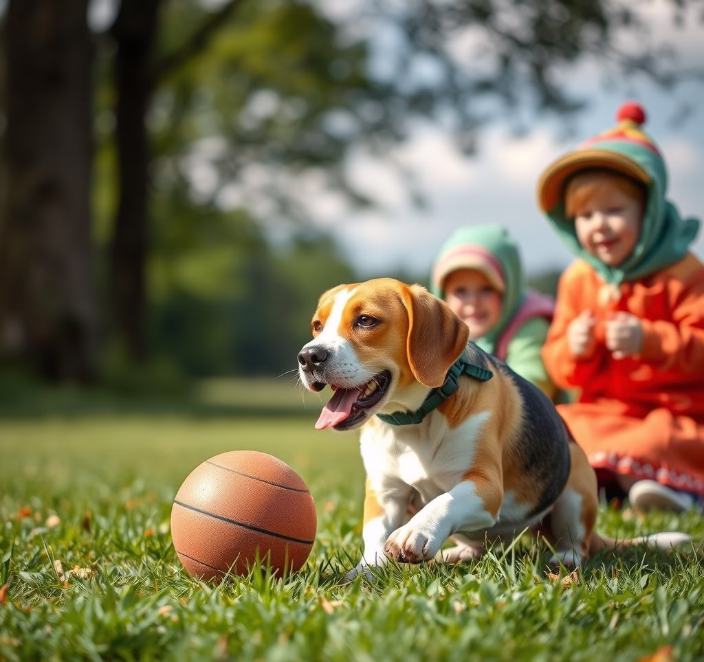 Ein fröhlicher Beagle spielt mit Kindern auf einer Wiese