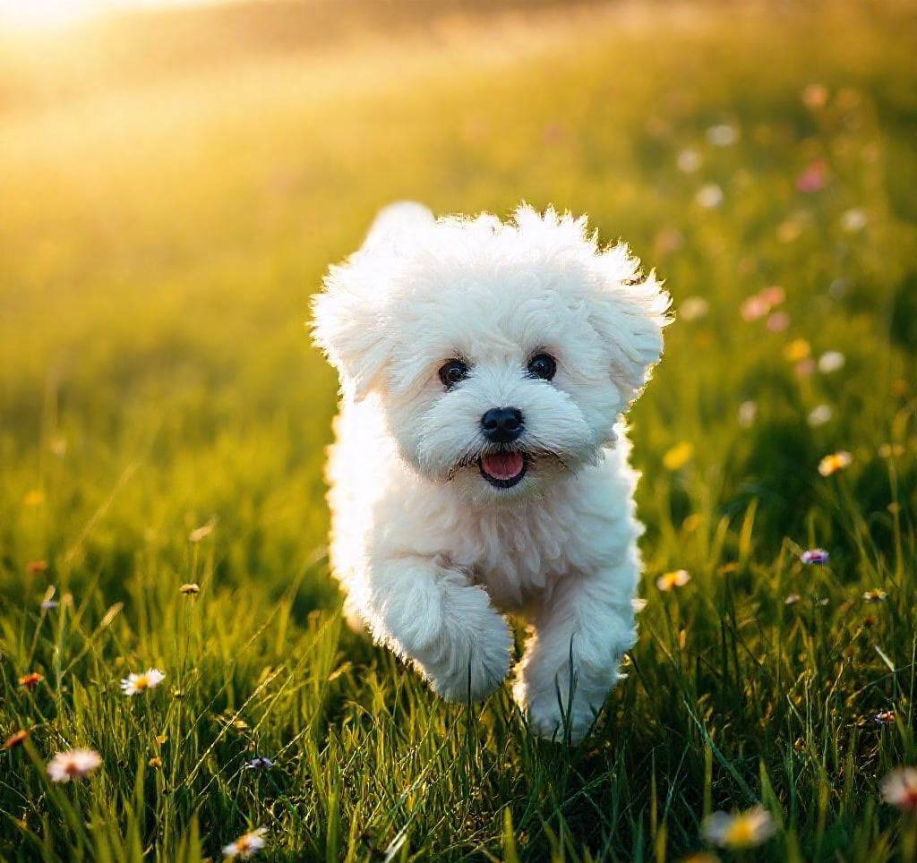 Ein fröhlicher Bichon Frisé spielt auf einer Wiese und blickt neugierig in die Kamera.