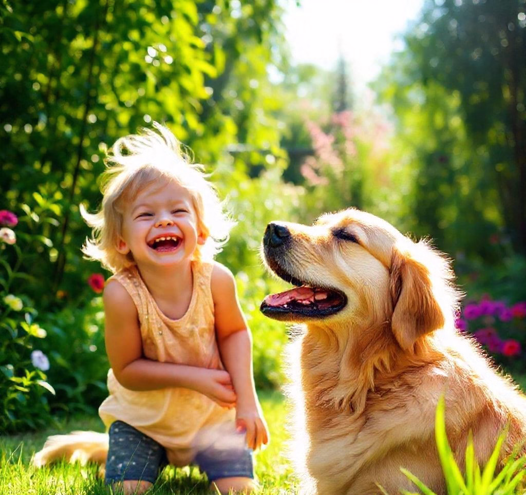 Ein fröhliches Kind, das mit einem geduldigen Golden Retriever im Garten spielt.