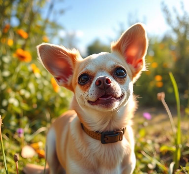 Ein glücklicher, alter Chihuahua, der in der Sonne döst.
