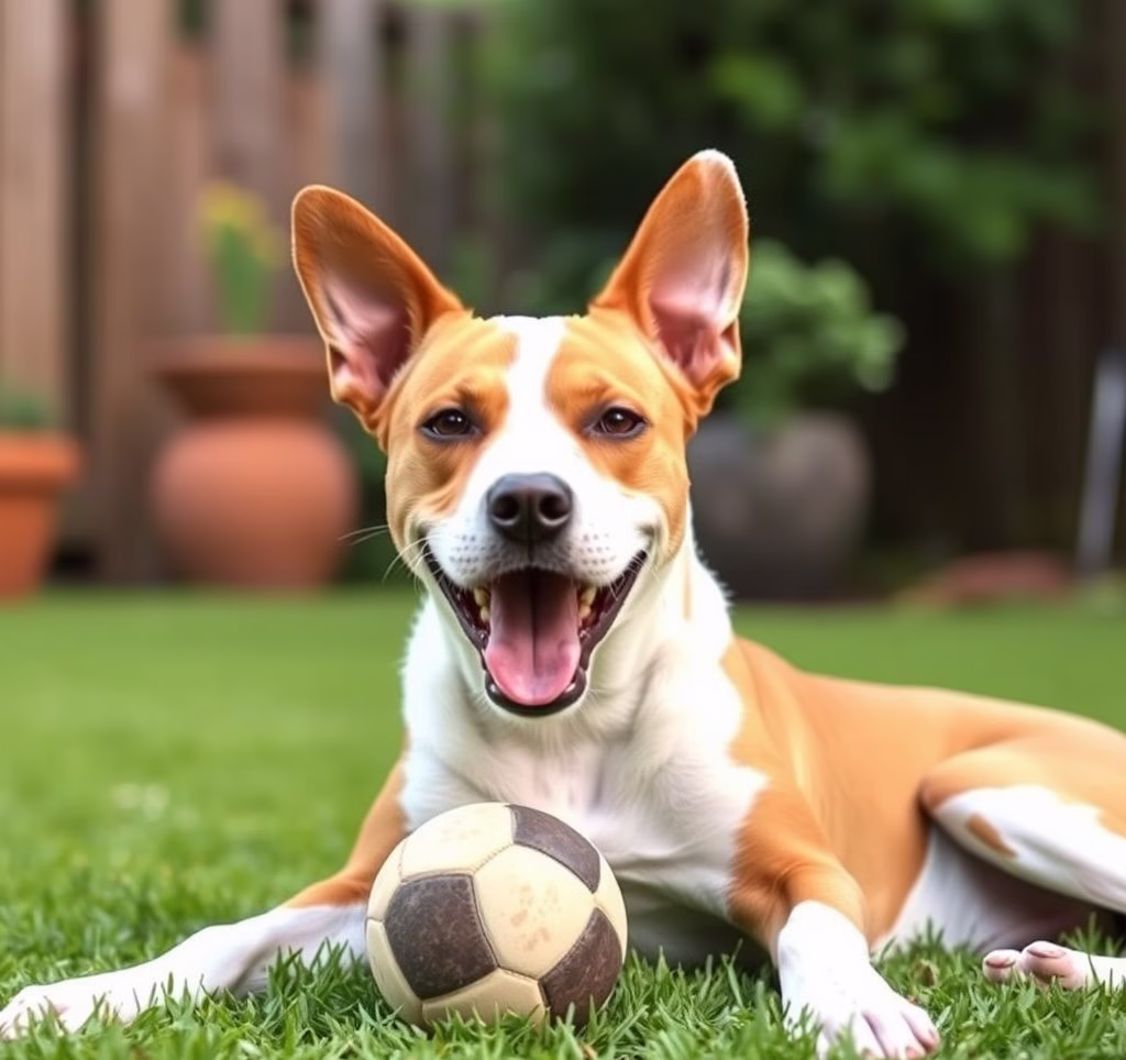 Ein glücklicher American Pit Bull Terrier spielt friedlich mit einem Kind im Garten.
