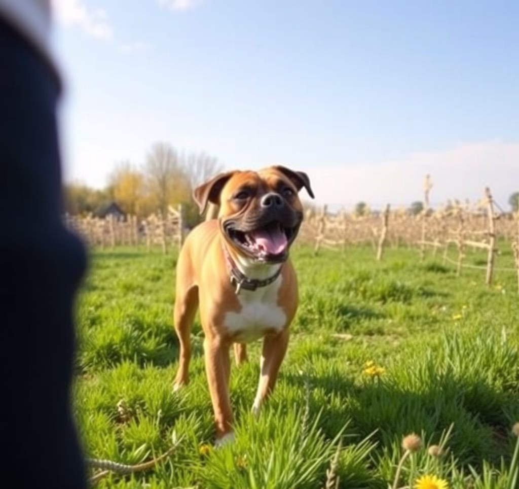 Ein glücklicher Boxer rennt auf einer Wiese im Frühling.